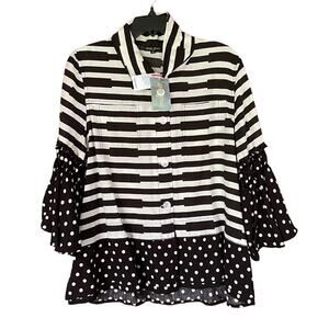 Dor Dor Couture Top Tunic  M Polka‎ Dot Striped ButtonUp Black White Mixed Media
